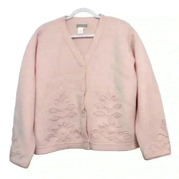 Coldwater Creek Cardigan Sweater Sz Medium 100% Wool Pink Embroidered Oversized - Picture 1 of 11